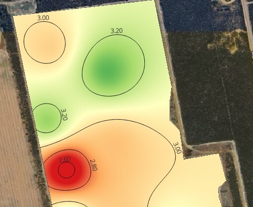 Pictured in the ‘Laconik Combine’ trials program that assessed fungicide applications in canola in southern WA shows the spatial yield response to applications of Prosaro at the high label rate. Prosaro applications in the trial achieved an average 77 kg/ha grain yield increase and $33/ha profit gain.